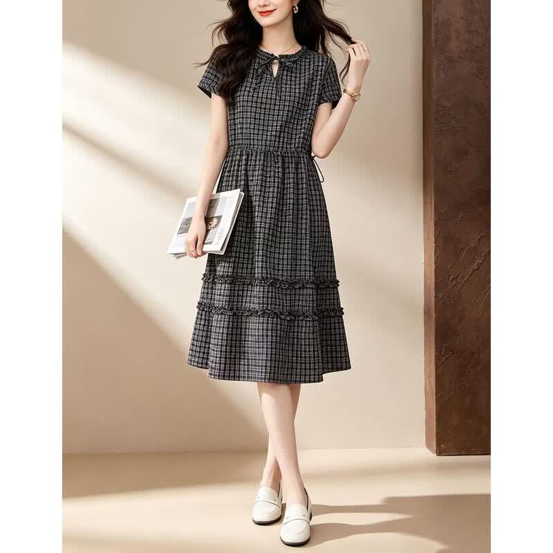 D.F.DEAR Women's Retro Plaid Ruffle A-Line Dress