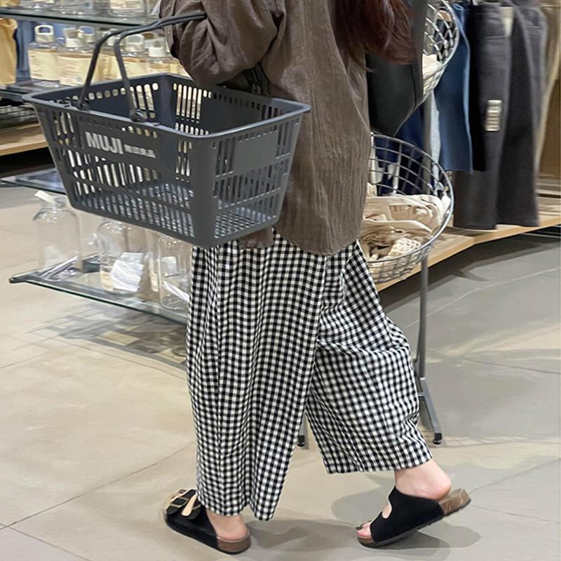 Women's Black & White Plaid High-Waisted Slimming Cotton-Linen Pants, Summer 2025 Style, Petite Nine-Point Length.