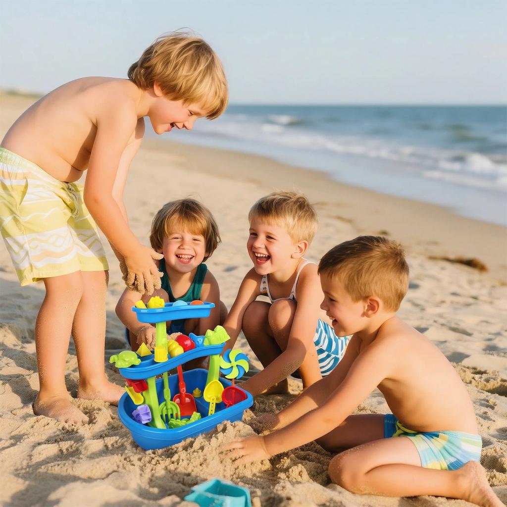33-elementowy Dziecięcy Duży Stół Plażowy Zabawka Trzywarstwowy Zestaw Kombinowany do Zabawy Piaskiem i Wodą na Zewnątrz