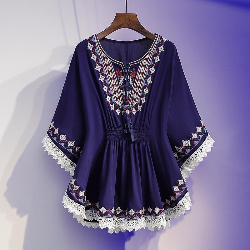 Women Summer Shirts Oversized Retro Boho Style Embroidery Blouses Top Loose Cotton Lace Hem Bat Sleeve Shirt