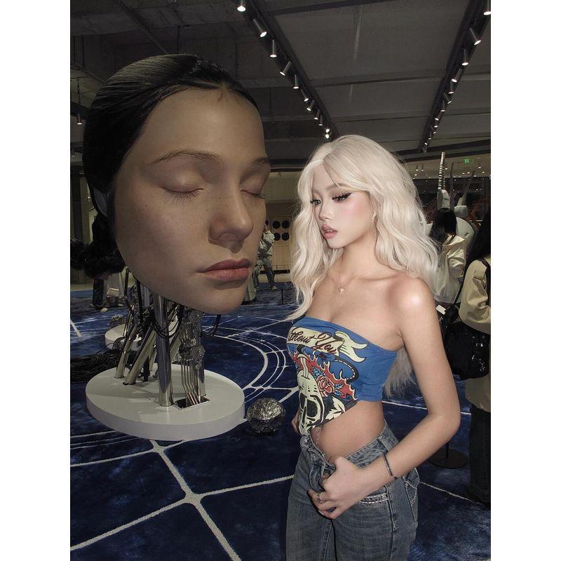 

Линии Европейский и Американский Гяру Мультяшный Принт Топ-Бандо с Открытой Спиной Женский Летний Новый Сексуальный Необычный Короткий Внутренний Топ Blue Print Tube Top Tops M