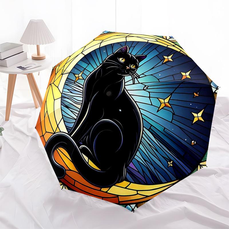 1pc Stained Glass Black Cat Design Automatic Folding Umbrella - Portable 3-Fold Design with 8-Bone Iron Frame, Outdoor for Fans, Travelers, Daily Use,