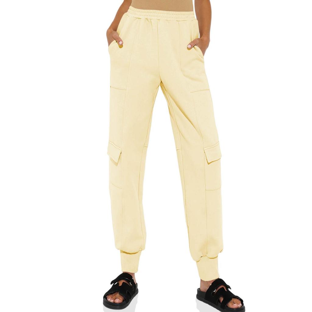 Women Elastic High Waist  Casual Active Fit Wide Long Leg Pants Trousers With Pockets