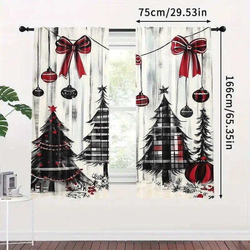 Set Of 2 Christmas Tree Holly Geometric Print Curtains Pole Bag Home Decoration Room Curtain Polyester