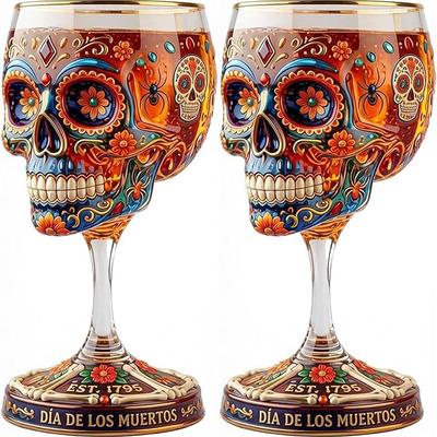 2PCS Day of the Dead Collector Goblet Skull Wine Glass Dead Skeleton Floral Goblet for Home Bar & Altar Decor