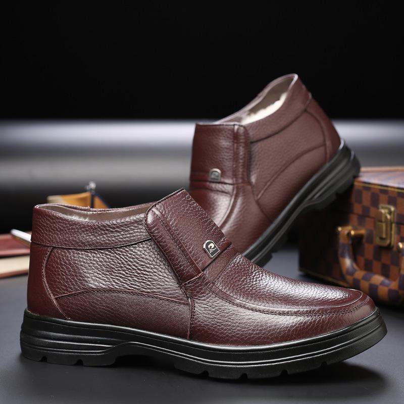 Winter Men's genuine Leather Ankle Boots Fashion Plush Warm Comfortable Anti slip Business Cotton Shoes Outdoor Men Snow Boots