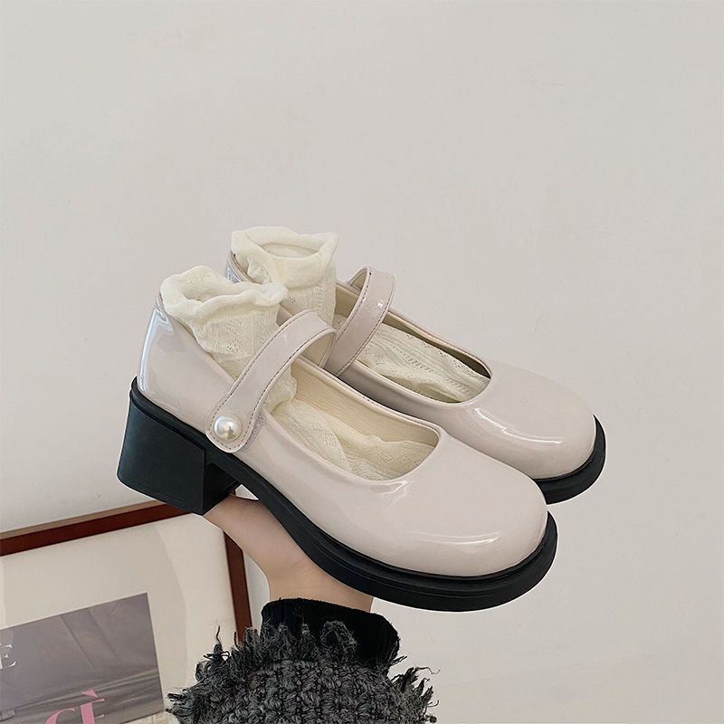 2025 Spring and Autumn New French Retro Mary Jane Single Shoes Pearl Round Head Medium High Thick Heel Small Leather Shoes Women