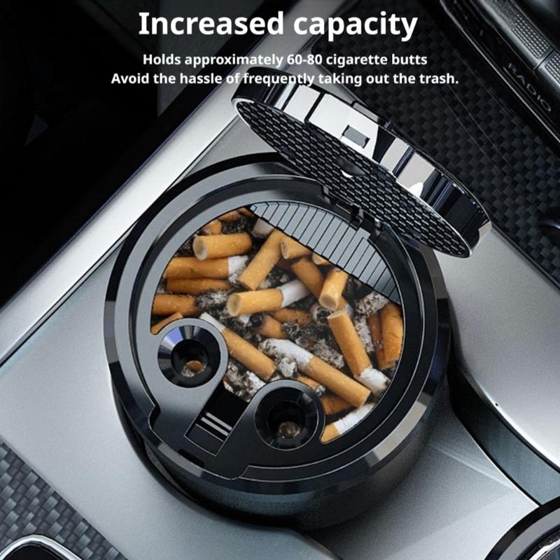 LED Auto Ashtray with Covered Press Lid and Metal Cup, Detachable Design for Car Use in Dim Indoor Rooms