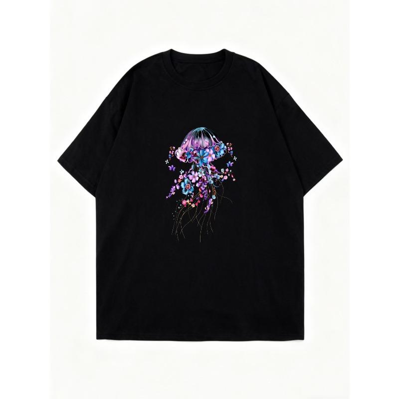 Oversized T Shirt Black Jellyfish Floral Print For Casual Wear