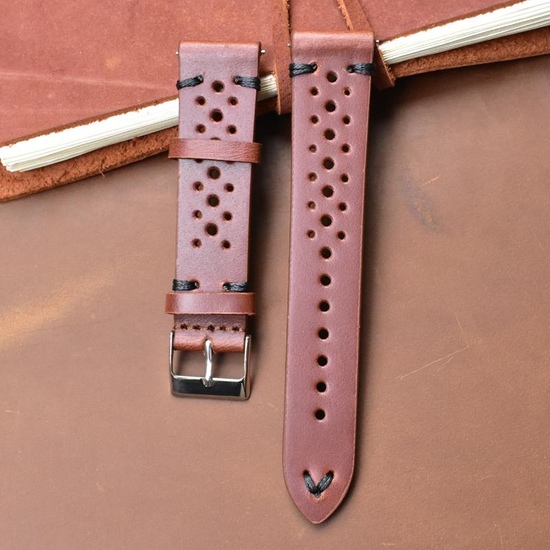 Porous Leather Watch Band 19mm 20mm 22mm 24mm Breathable Watch Strap Handmade Stitching Quick Release Watchbands Black Brown Red