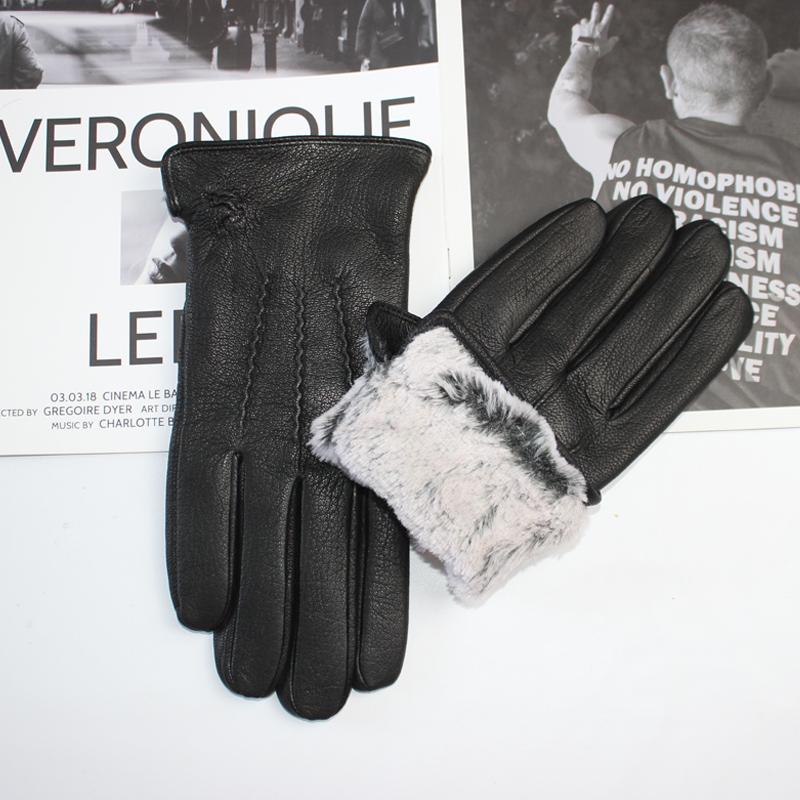 New men's deerskin driving gloves leather corrugated winter thickening warm imitation rabbit fur lining straight gloves autumn