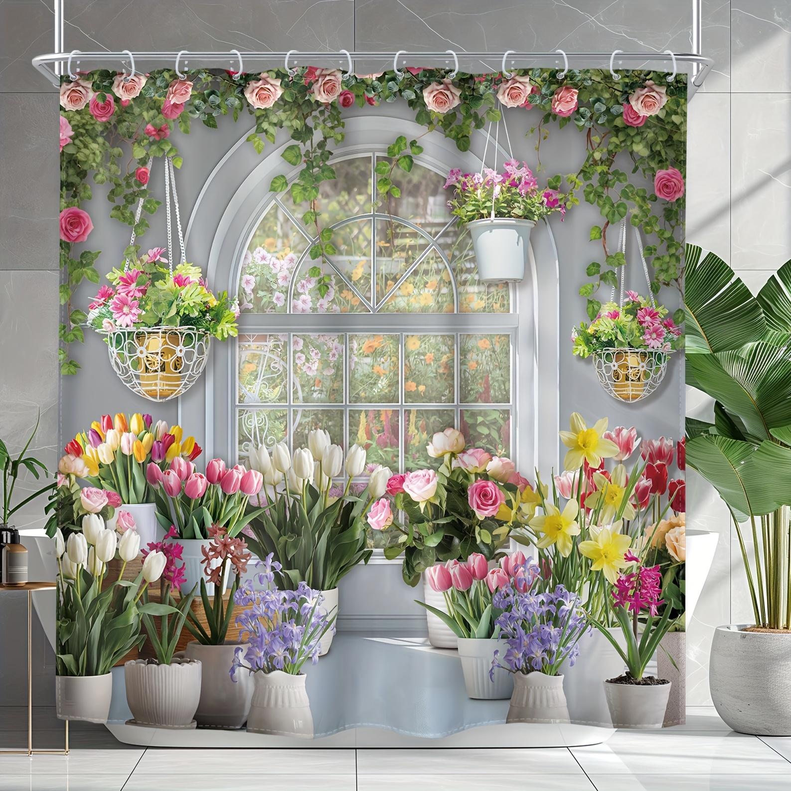 

Shower Curtain: Spring Garden With Roses, Tulips, And Hanging Plants For A Fresh And Vibrant Bathroom Decor W60H190(CM)-1 Pcs