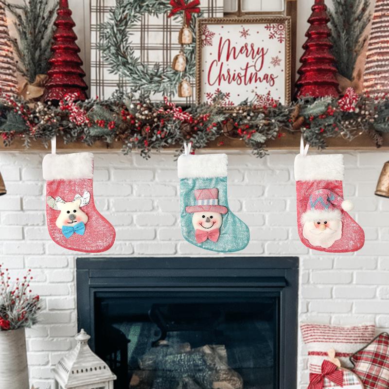 1pc Blue/Pink Christmas Stocking, Stocking Decorated With Santa Claus, Snowman And Elk Head, Plush Stocking With A Cuff
