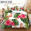 Soft Flamingo 3D Print Bedding Set Fresh Style Cartoon Animals Green Leaves Tropical Fruit Floral D