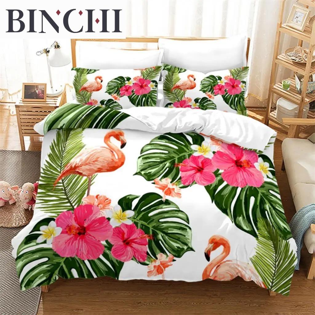Soft Flamingo 3D Print Bedding Set Fresh Style Cartoon Animals Green Leaves Tropical Fruit Floral D