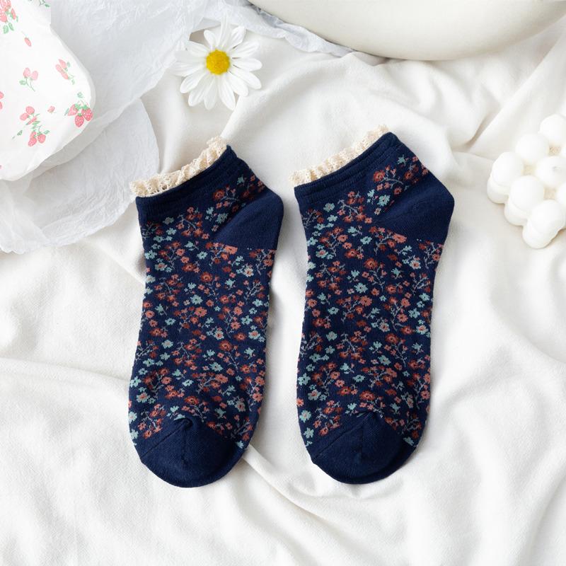 Корейские Женские Носки с Цветами Кружевные Кружевные Носки Японские Лолита Женские Короткие Хлопковые Носки Ретро Носки One size fits all тёмно-синий