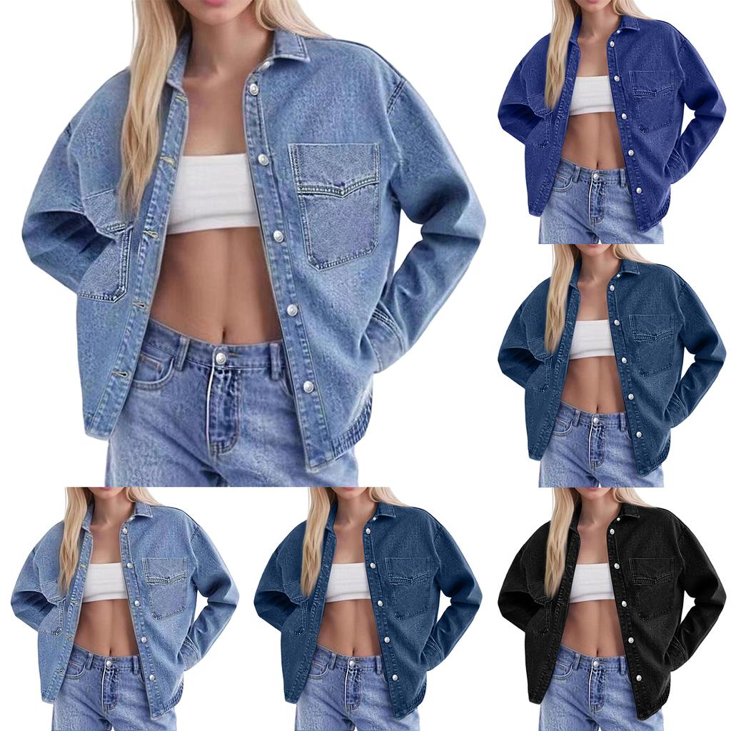 Women's Washed Vintage Loose Fit Casual Denim Shirt Jacket Button Down Long Sleeve Pocket Detail Lightweight Outerwear