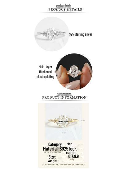 Elegant European & American Style S925 Sterling Silver Oval Zircon Ring for Women US 9