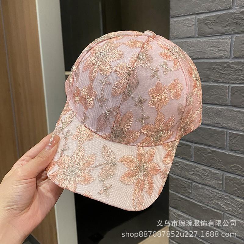 Womens Embroidered Lace Floral Baseball Cap With Wide Brim Sun Protection Adjustable Hat