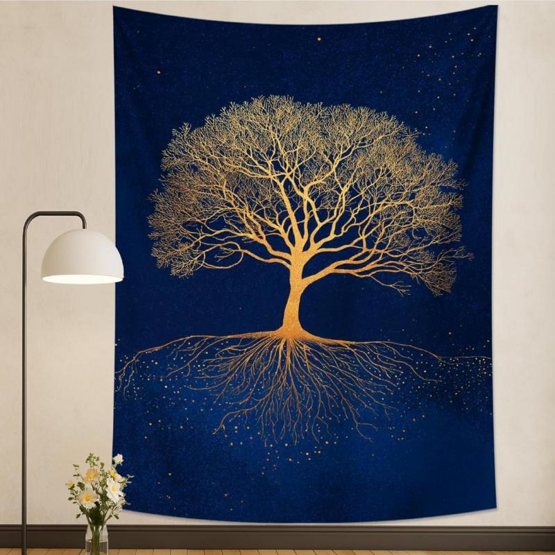 Golden Tree of Life Tapestry Mystical Bohemian Decorative Wall Hanging Autumn Aesthetic Tapestries for BedroomMeditation Room 74x94cm(29x37in)