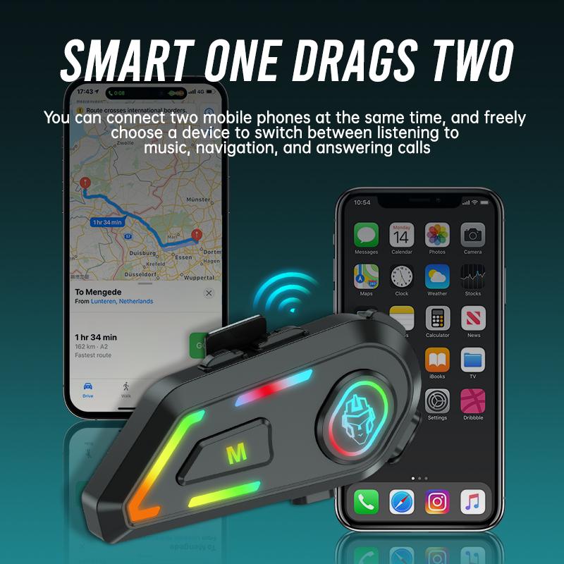 Bluetooth Motorcycle Helmet Headset BT 5.3 Voice Control Wireless Music Player Waterproof 1000mAh Earphone with Ambient Light