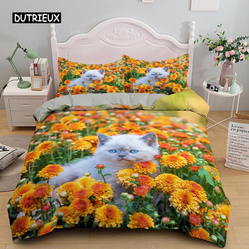 Cat Flowers King Queen Duvet Cover 3D Pet Kitty Floral Bedding Set Teens Adult Yellow Chrysanthemum 2/3pcs Polyester Quilt Cover