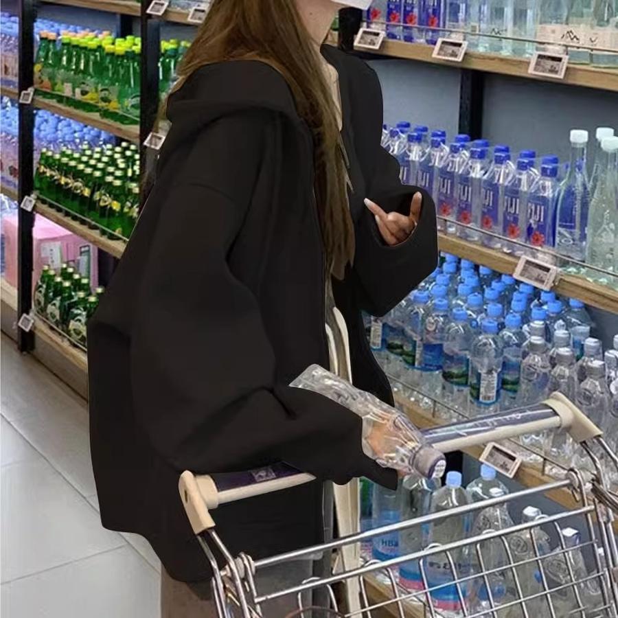 Women's Spring/Autumn Zip-Up Korean Lazy Style Loose Hoodie Solid Color Cardigan Top