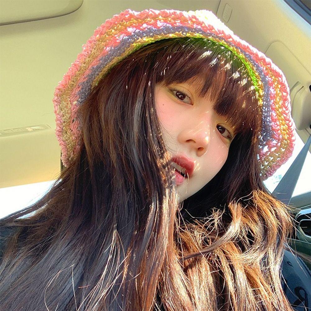 

Colorful Woven Fisherman Hat Boho Beanie Hat Simple Rainbow Straw Hat Vacation