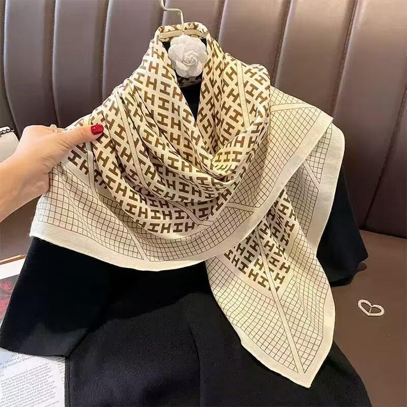 New 91 Foreign Letter Scarf Women's High-end Silk Scarf Square Scarf Cotton and Linen Headscarf Spring and Autumn Fashion Shawl Thin Scarf Sun Protect