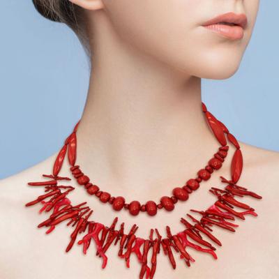 2 Pcs/Set Women Necklace Set Faux Coral Stackable Bohemian Rice Bead Adjustable Length Smooth Lady Vacation Beach Neck Jewelry