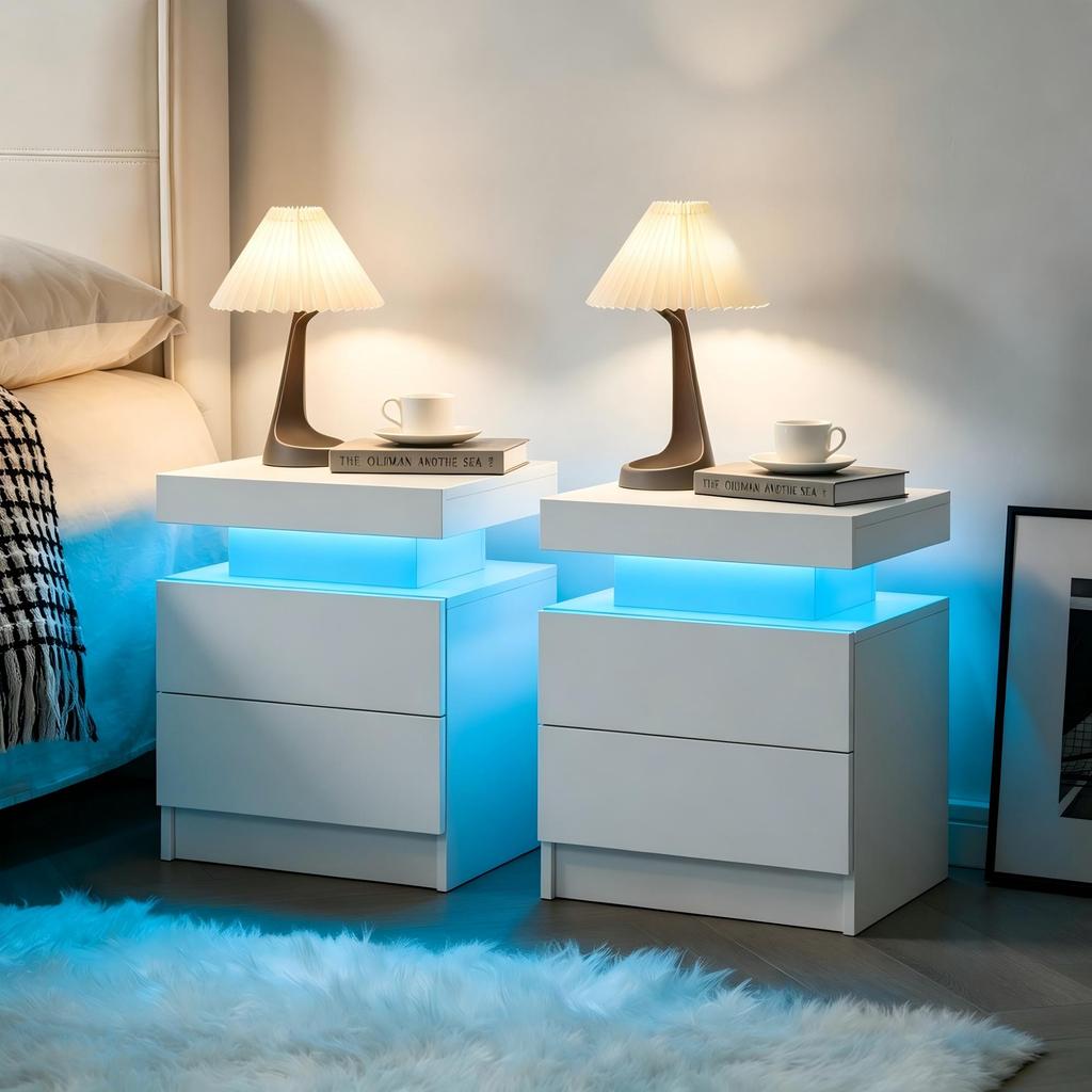LED-Nachttische Set aus 2 Stück, Nachttischschrankleuchten Modernes Beistelltischchen mit 2 Schubladen für Schlafzimmer (Weiß)