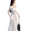 Solid Color Square Neck French Dress Long High Waist Thin Skirt Women's Summer Dress