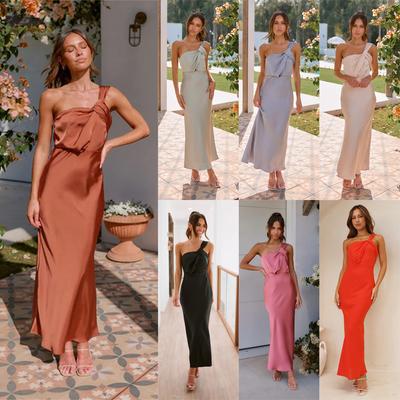 Women Spring Solid Color Sleeveless Slim Suspender Dress Summer Casual A-Line Single Shoulder Strap High Waist Strapless LongCamisole Dresses S-XL