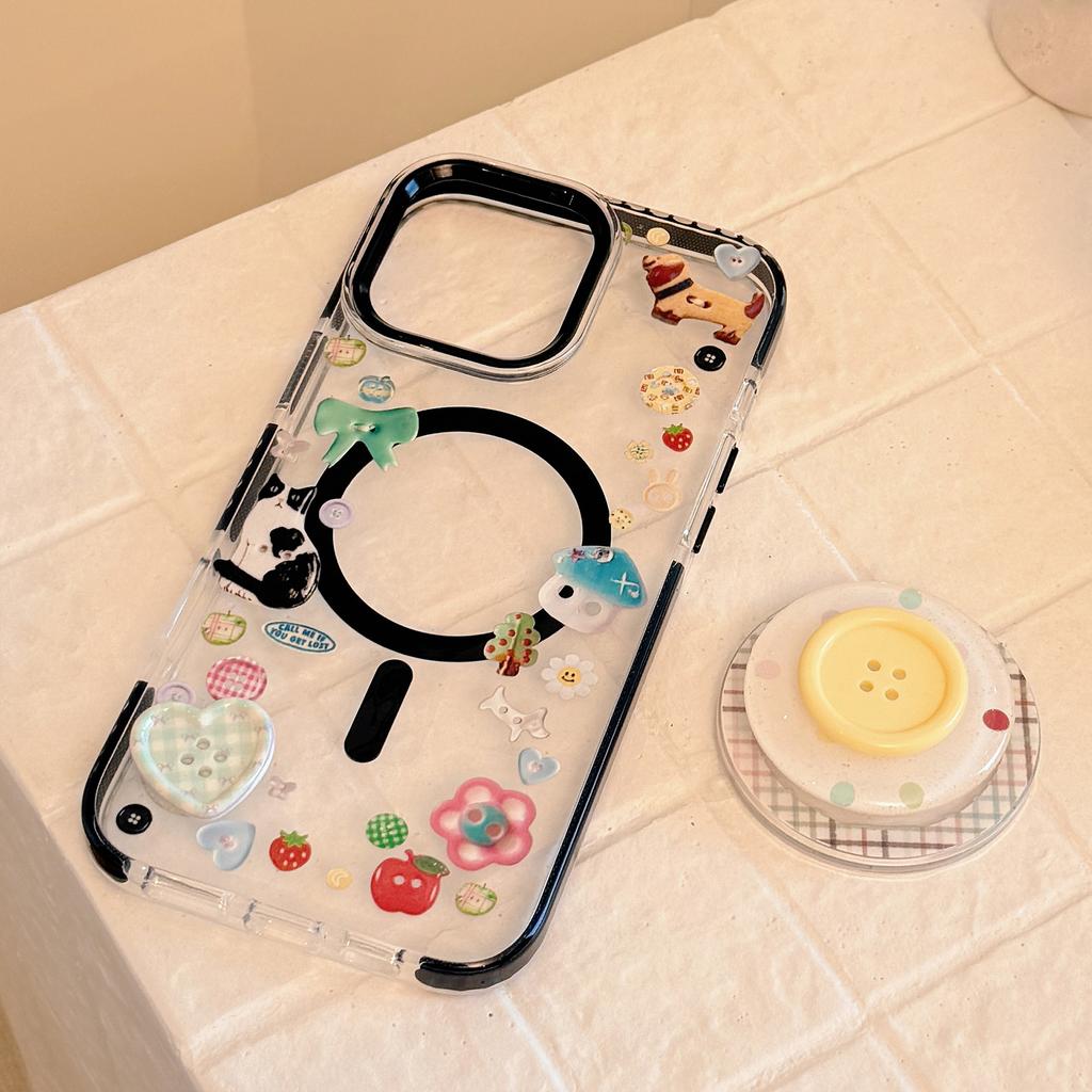 Three Dimensional Button 16Promax Flash Powder Magnetic Suction Bracket IPhone 15 Mobile Phone Case 14 Suitable for 13 Cartoon Doodles 11