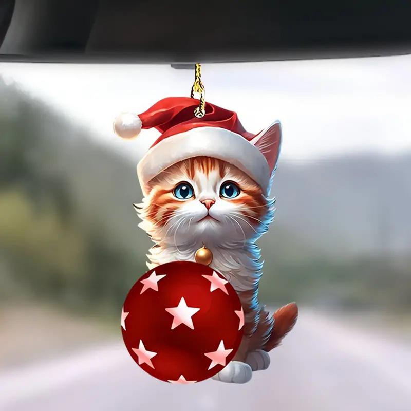 Christmas Creative Cat Car Pendant Car Acrylic Pendant Cute Cat 2D Flat Car Charm Cute Cat Car Acrylic Pendant Christmas Tree