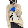 Women's Thickened Loose Cartoon Penguin Wool Sweater, Autumn/Winter, Color Block, Round Neck.