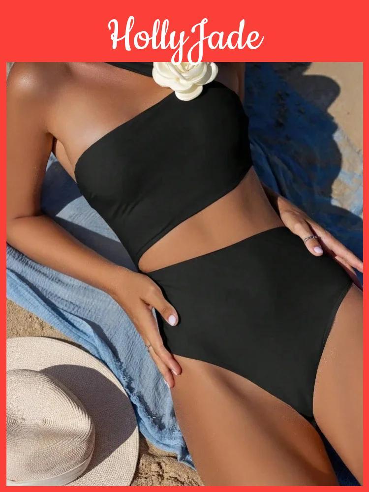 Oneshoulder Solid 2025 3d Flower Swimwear Women Sexy Push Up Hollow One Piece Swimsuit Monokini Summer Beach Lady Bathing Suit