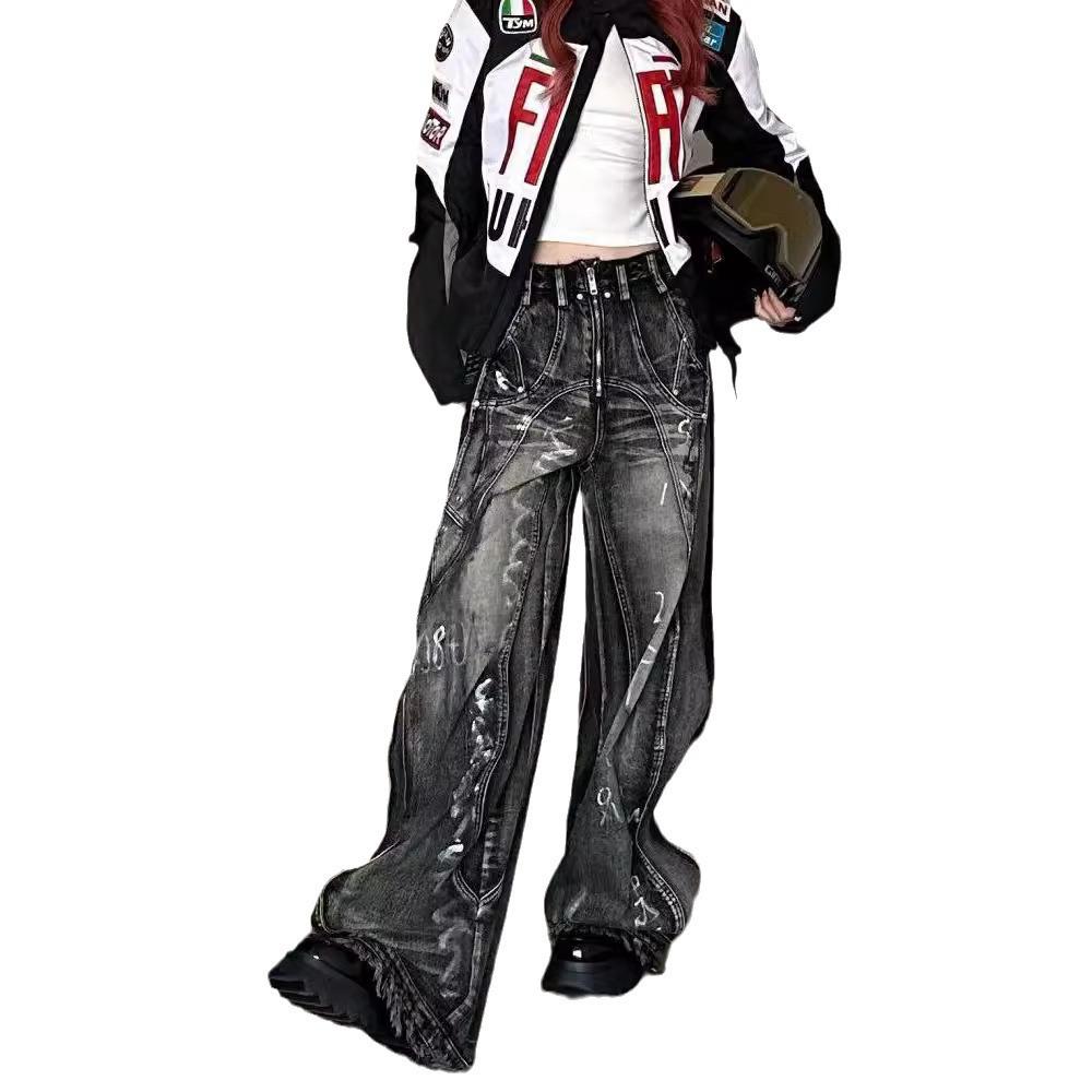 Unisex Retro Graffiti Wide-Leg Jeans: American High-Street Style