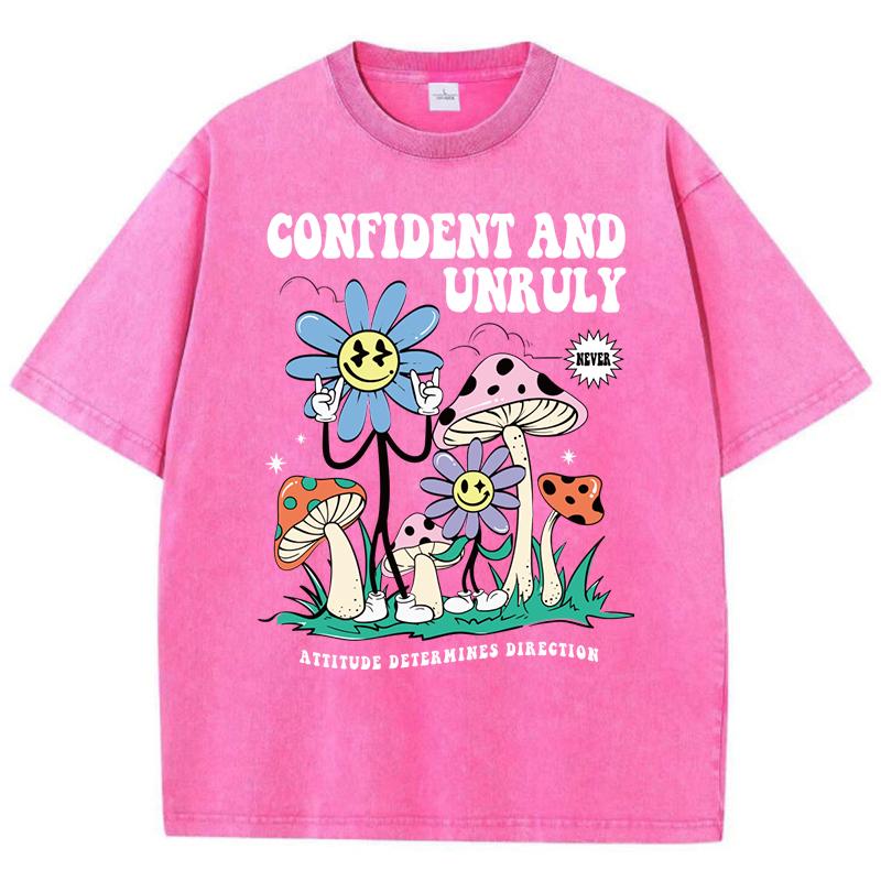 Confident And Unruly Mushroom Flowers Printed Washed T-Shirts Women Summer Cotton T Shirt Comfortable Loose Top Clothes