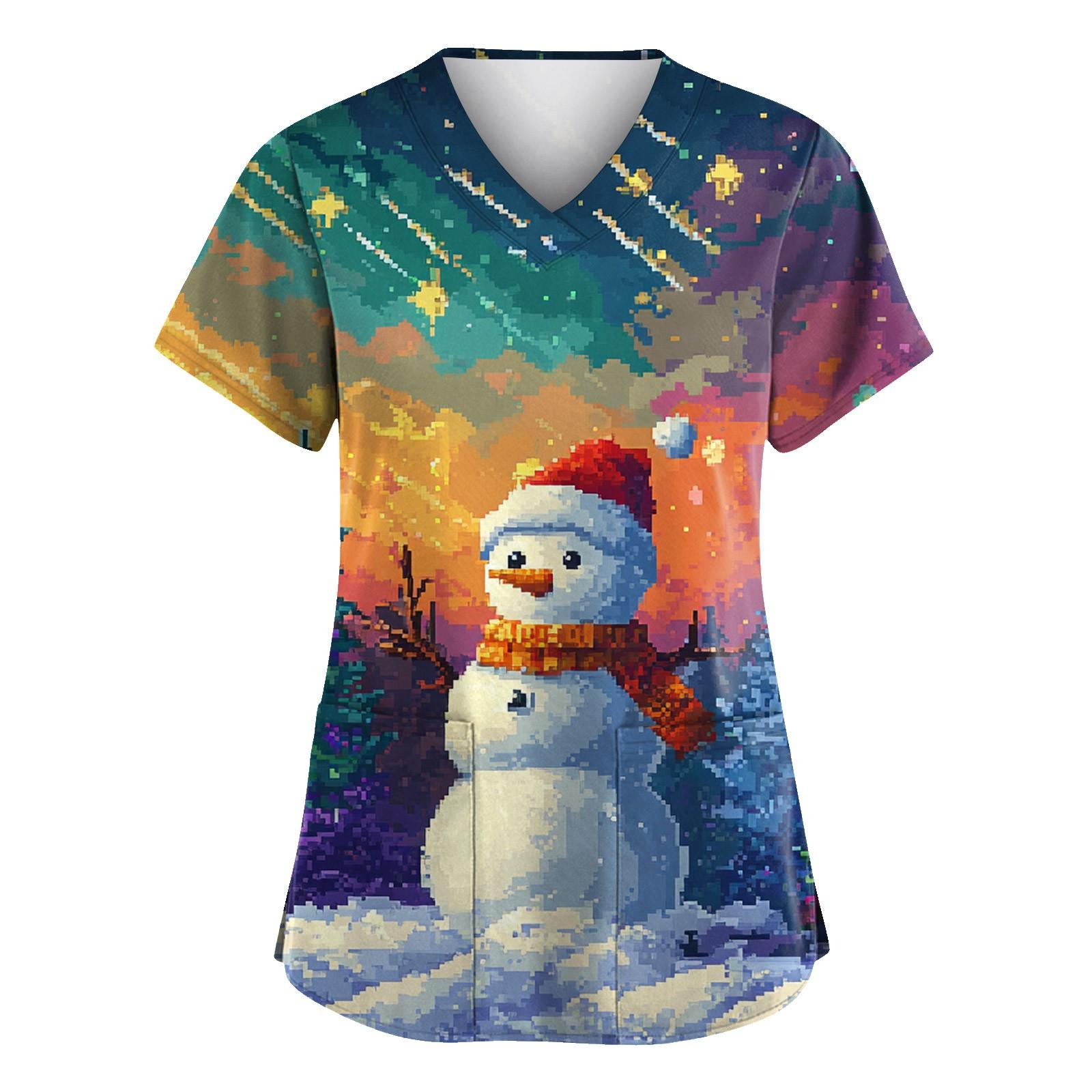 

Женская модная футболка с коротким рукавом и V-образным вырезом, карманом и рождественским принтом XXXL