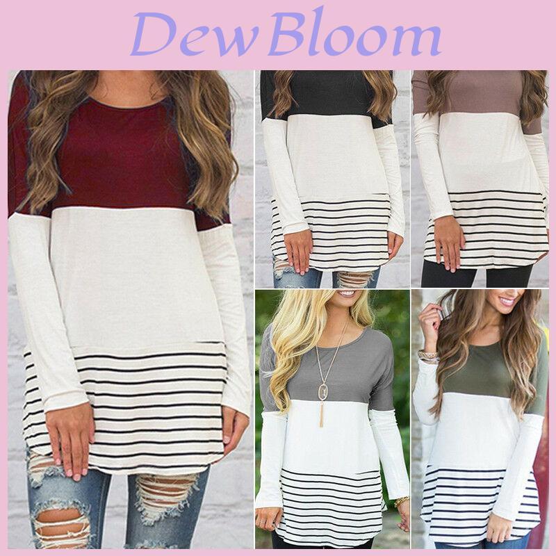 Elegant Women Striped Long Sleeve T Shirt Round Neck Casual Sweatshirt Blouse