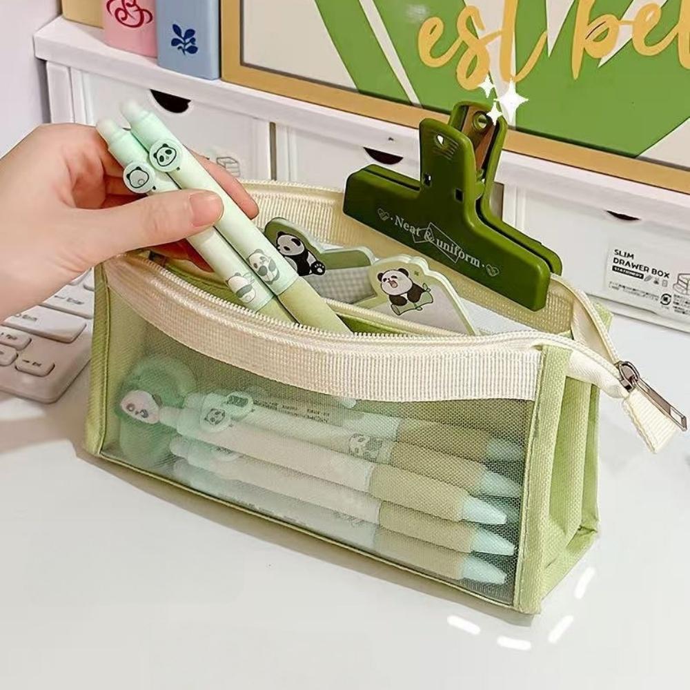 Trousse à crayons en maille transparente Color Block Sac de rangement pour stylos pour examen Minimaliste Grande capacité Multi-couches Papeterie