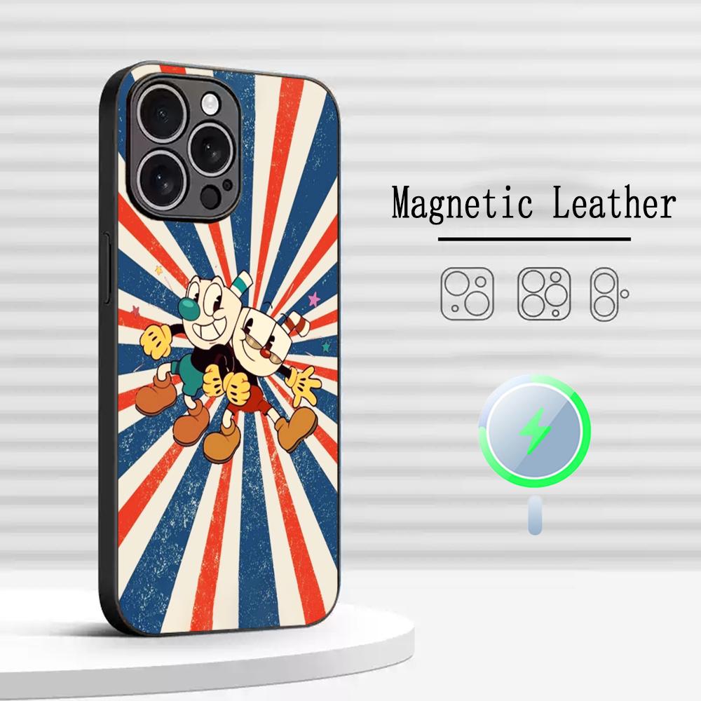 Cute cup-Head classic cartoon pattern Phone Case For iPhone 17 16 15 14 13 12 Plus Pro Max High-end Luxury Magsafe Sheepskin