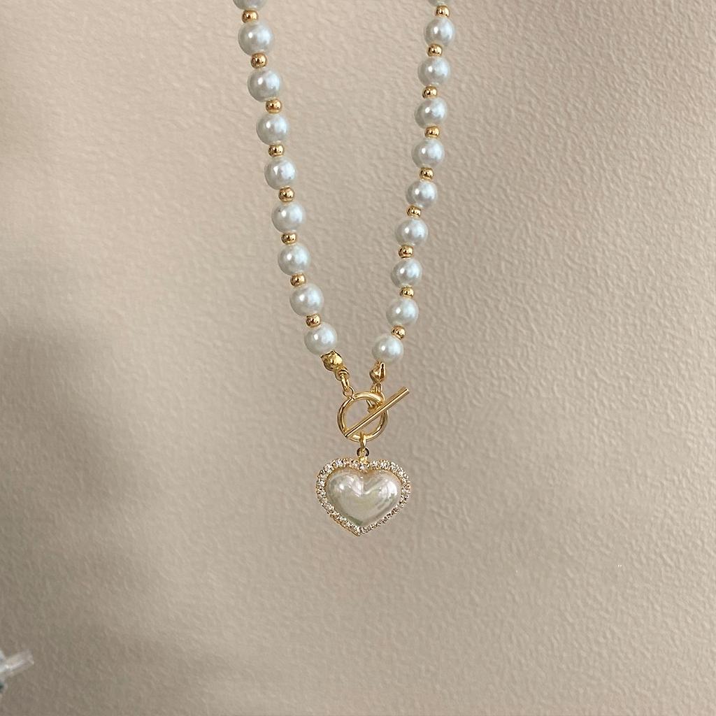 Sparkling Diamond Heart-shaped Pearl Necklace, Short Necklace, Trendy Beaded, Light Luxury and Niche Design Sense