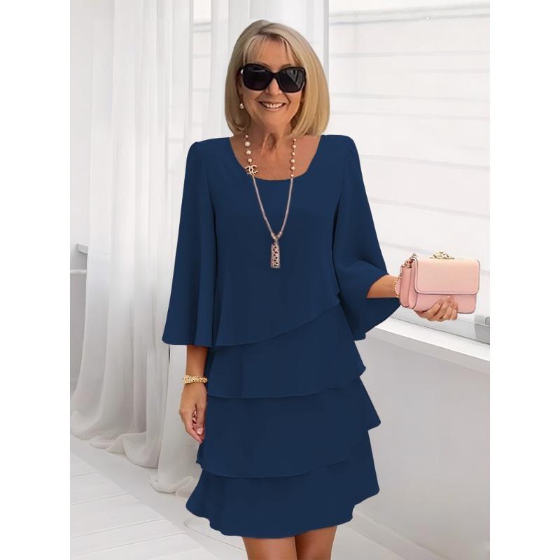 HNXC Women's Fashion Summer Spring Solid Color Print 3/4 Sleeve V-Neck Casual Dresses