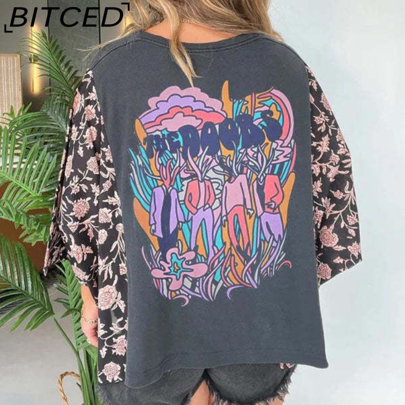BITCED Women's Printed O-Neck Loose-Fit Casual Top