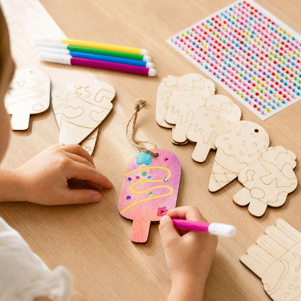 Kids Wooden Ice Cream Hanging Kit with Colored Markers Stickers for DIY Decorations