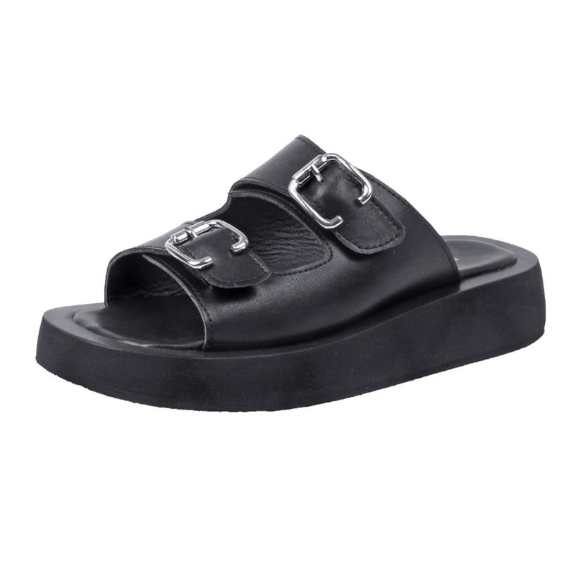 Fashion 2025 Women Slippers Summer Genuine Leather Slides Women Fashion Square button Flat Sandals Ladies Outdoor Casual Flip Flops