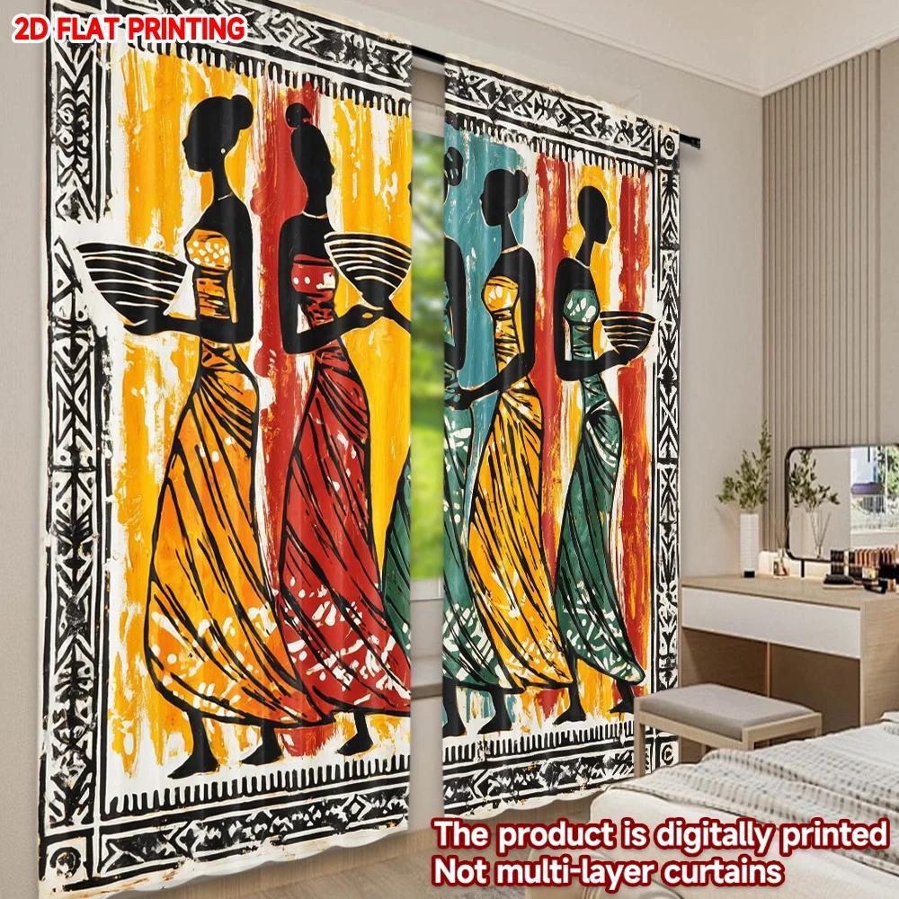 Bohemian Ethnic Women Silhouette Curtains Flat Digital Print Warm Gradient Color Decorative Border Style Room Set Of 2 Made Polyester
