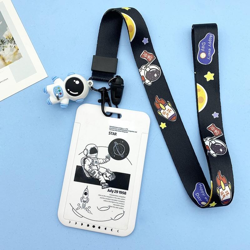Women Men Work Card Cover White Astronaut Pattern Business Name Card Badge Holder Bus Access Guard Credit Card Case with Lanyard